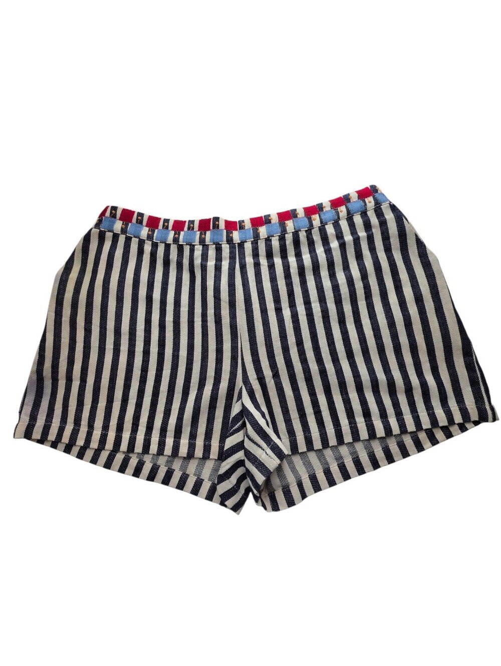 THML Navy and Cream Striped Shorts With Waistband Embroidery Size Large